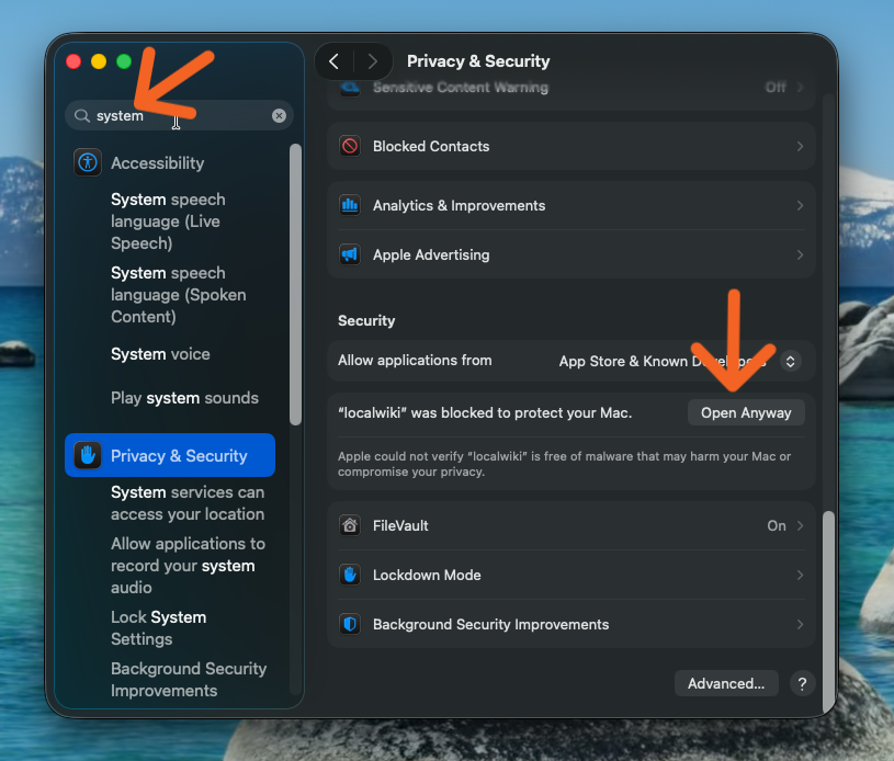 macOS Privacy & Security settings showing "Open Anyway" button for localWiki