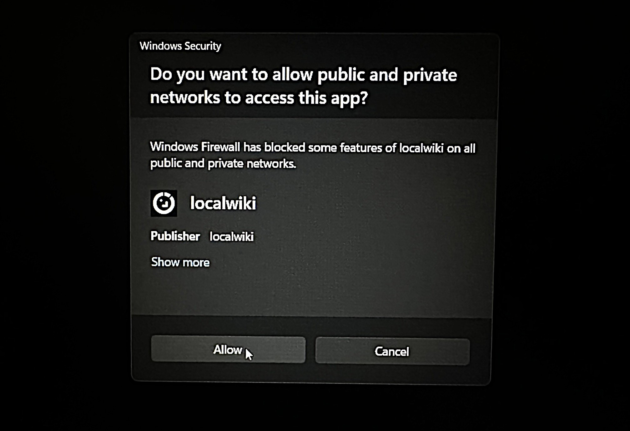 Windows Firewall prompt asking to allow localWiki network access